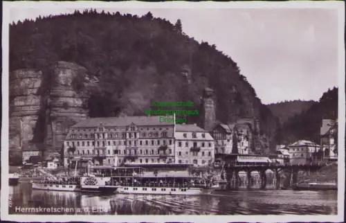 192411 AK Herrnskretschen a. d. Elbe Fotokarte 1942 Rainwiese Restaurant Dampfer