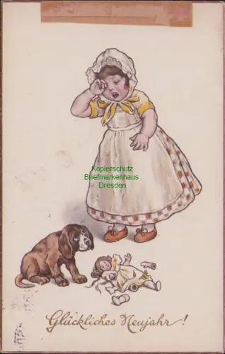 192455 AK Glückliches Neujahr! Kind Mädchen weinend zerbrochene Puppe Hund