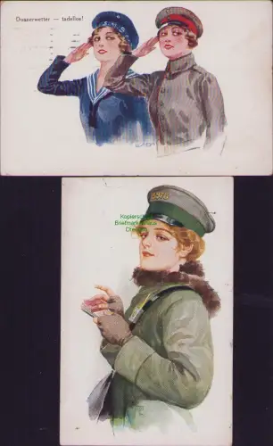 192555 2 AK Donnerwetter tadellos! 1. Weltkrieg Frauen in Uniform Leipzig 1916 M