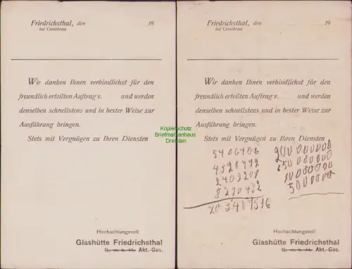 168664 2 Karten unbenutzte Bestellbestätigungskarten Friedrichsthal bei Costebra