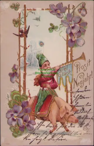 168719 AK Viel Glück Prosit Neujahr! Zwerg reitet auf Glücksschwein Donauesching