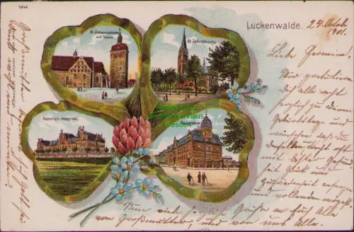 168708 AK Luckenwalde 1901 Kleeblatt Litho St.Johanniskirche mit Thurm St. Jakob