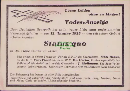 164865 AK Saar Abstimmung 1935 Gedenkkarte Lerne Leiden ohne zu klagen! Todes-An