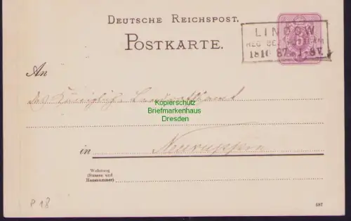 B23649 Ganzsache Deutsche Reichspost  1887 Lindow Reg. Bez. Potsdam Heimatsammlu