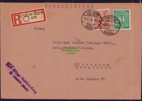 B23657 Brief Einschreiben Lindow Mark 1948 Buchhandlung nach Potsdam