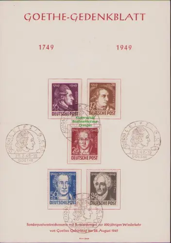 B23659 Gedenkblatt  Goethe Gedenkblatt Seltener SST Sonderstempel 28.8.49 Leipzi