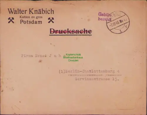 B23668 Brief Gebühr bezahlt Potsdam 1945 nach Berlin Charlottenburg Walter Knäbi
