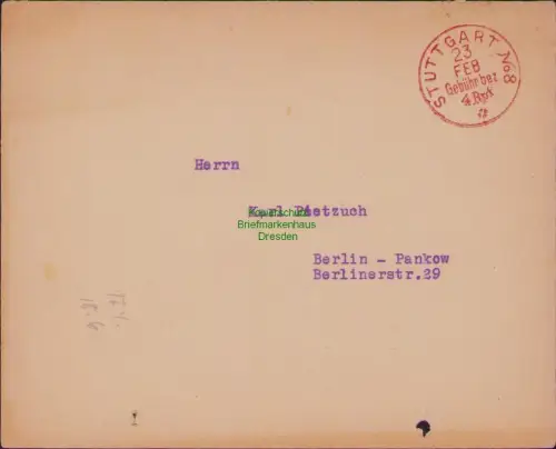 B23677 Brief BAZ Gebühr bezahlt Stuttgart um 1946 nach Berlin Pankow Umschlag rü
