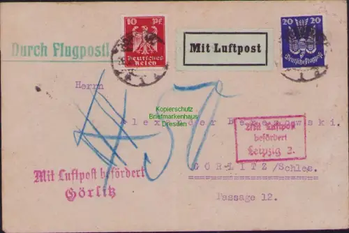 B23705 Brief mit Luftpost 1926 nach Görlitz roter Bestätigungsstempel Leipzig un