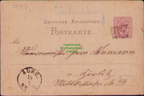 B23729 Ganzsache Deutsches Reich 1875 5 Pfennige Bahnpost Görlitz - Berlin hands