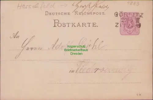 B23730 Ganzsache Deutsches Reich 1883 5 Pfennig Bahnpost Görlitz - Zittau handsc
