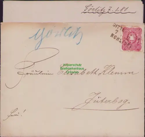 B23736 Brief Deutsches Reich 33 10 Pfennige 1880 Goerlitz nach Jüterbog Bahnpost
