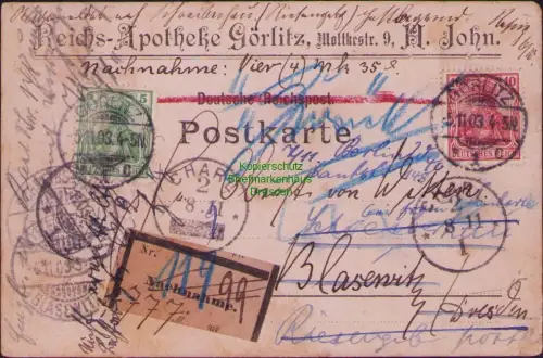 B23744 Postkarte  Deutsches Reich Germania 1903 Nachnahme Görlitz nach Blasewitz