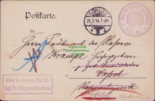 B23745 Postkarte  Deutsches Reich Frei lt. Avers No. 21 Kgl. Pr. Baugewerkschule
