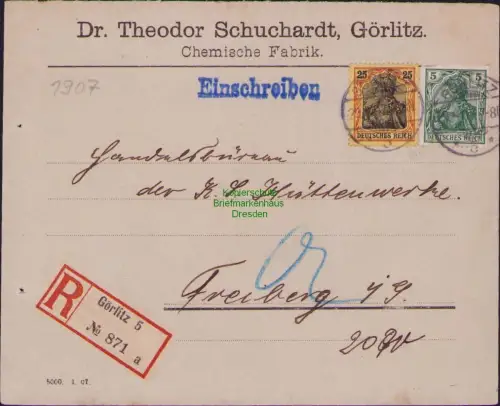 B23749 Brief Deutsches Reich Germania 1907 Einschreiben nach Freiberg Hüttenwerk