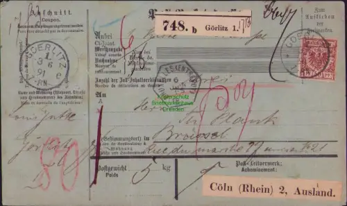 B23753 Paketkarte Deutsches Reich 46,49, 50 Görlitz 1891 nach Brüssel mit anhäng