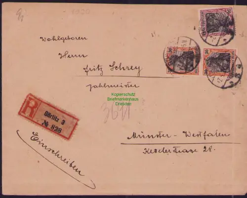 B23755 Brief Deutsches Reich Germania 1920 Einschreiben Görlitz nach Münster Wes