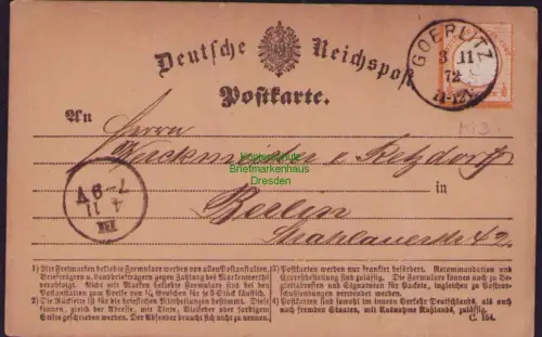 B23756 Postkarte  DR 18 großes Brustschild Goerlitz 1872 nach Berlin