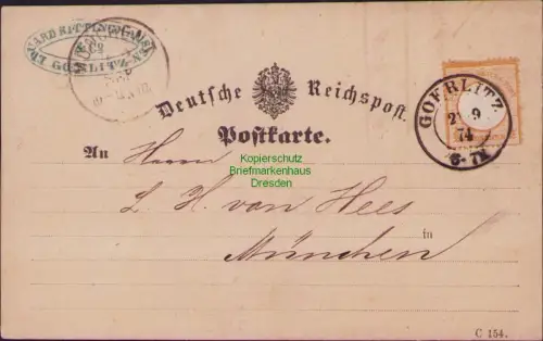 B23757 Postkarte  DR 18 großes Brustschild Goerlitz 1874 nach München unteres Vi
