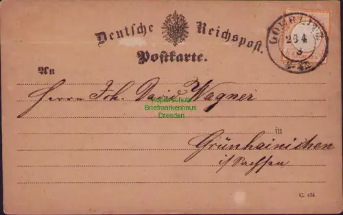 B23758 Postkarte  DR 18 großes Brustschild Goerlitz 1873 nach Grünhainichen ober