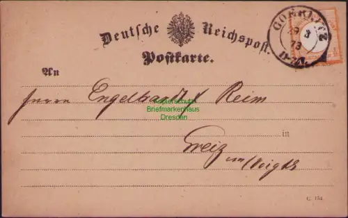 B23759 Postkarte  DR 18 großes Brustschild Goerlitz 1873 nach Greiz i. Vogtl.