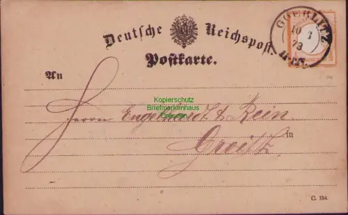 B23760 Postkarte  DR 18 großes Brustschild Goerlitz 1873 nach Greiz i. Vogtl. Lo