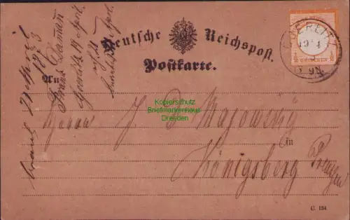 B23762 Postkarte  DR 18 großes Brustschild Goerlitz 1873 nach Königsberg Preußen