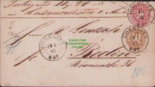 B23766 Ganzsache Preussen 1 Silbergr. + 3 Sgr. Nr. 18 Goerlitz 1865 als Wertbrie