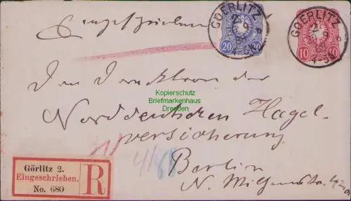 B23767 Ganzsache Deutsches Reich 41, 42 1888 Einschreiben Goerlitz nach Berlin a