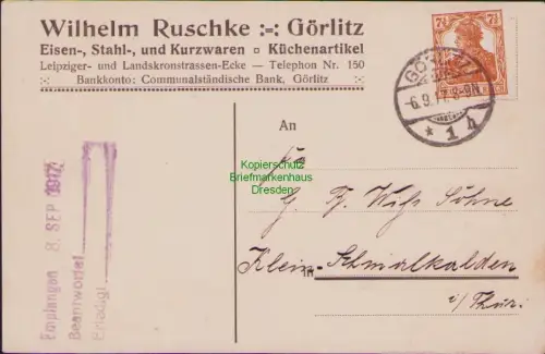 B23770 Postkarte  Deutsches Reich Germania 1917 Görlitz nach Klein Schmalkalden