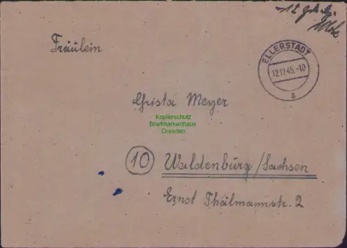 B23773 Brief Ellerstadt febühr bezahlt 1945 nachWaldenburg Sachsen