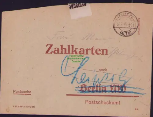 B23775 Brief Postscheckbrief Berlin NW 1953 Zahlkarten Klötze Altm. 1953 nach Le