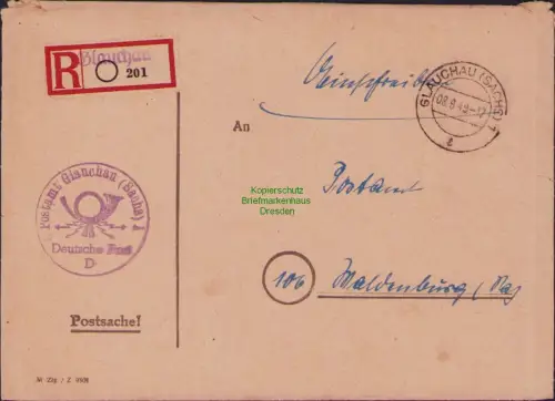B23776 Brief Glauchau Einschreiben Postsache nach Waldenburg 08.9.49 1949