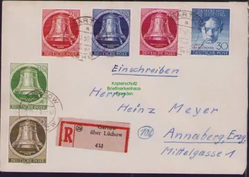 B23777 Brief WB Westberlin 82 - 86 Glocke rechts + 87 Beethoven 1952 Einschreibe