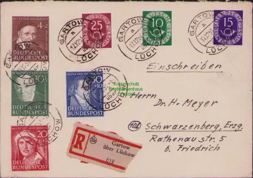 B23784 Brief BRD 143 - 146 Einschreiben Gartow über Lüchow 1951 nach Schwarzenbe
