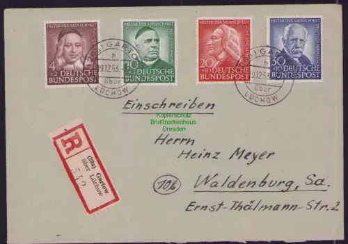 B23787 Brief BRD 173 - 176 Einschreiben Gartow über Lüchow 1953 nach Waldenburg