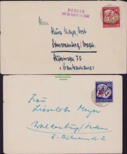 B23800 2x Brief DDR 1951 292 Schwarzenberg 290 Waldenburg mit Propaganda Stempel