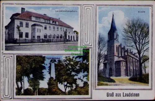 164936 AK Lasdehnen Landerziehungsheim Kirche Kriegerdenkmal um 1918