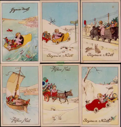 164963 6 AK Joyeux Noël Frohe Weihnachten französiche Serie Schneemann Boot Kind