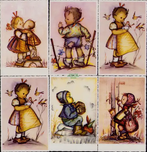 164964 AK Kinder ähnlich Hummel Karten unsigniert Serie Bilder 1-4 + 6 um 1950