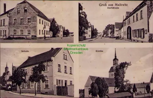 164959 AK Gruß aus Malkwitz Gasthof Krone Dorfstraße Schule Kirche 1930 Landpost