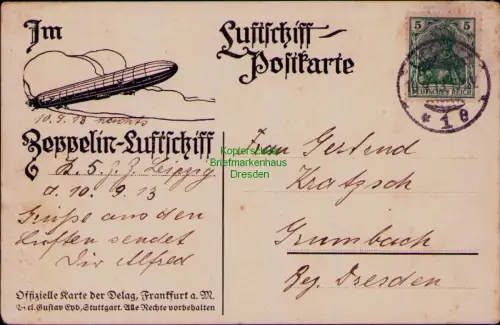 B23997 AK Luftschiff Postkarte Zeppelin Liegnitz 10.9.13 1913 Grüße aus den Lüft