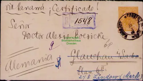B23931 Ganzsache Peru Arequipa 1900 Einschreiben Certificado nach Glauchau und N