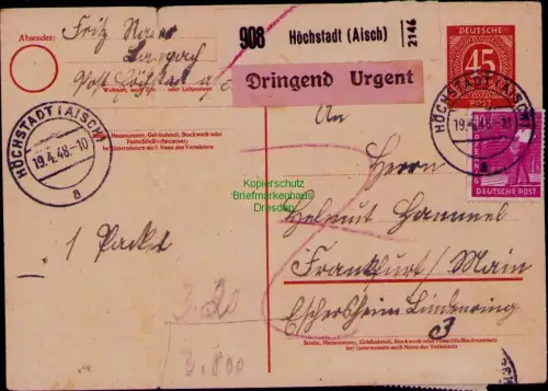 B23998 Ganzsache Alliierte Besetzung Notpaketkarte aus Höchstadt Aisch nach Fran