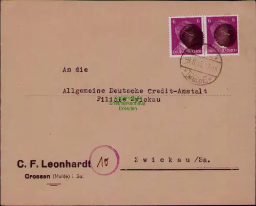 B23916 Brief SBZ Sächsische Schwärzung Hitler 2x 6 Pfg. Crossen Mulde an Allgeme
