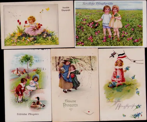 168860 5 AK Fröhliche Pfingsten Berlin 1914 Hamburg 1915 Patriotisch mit Fahnen