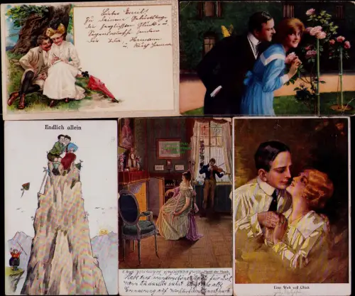 168815 5 AK Mann Frau Paar Liebe Mode 1910 1930 Rose und Schmetterling Endlich a