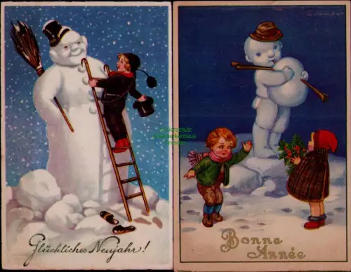 168855 2 AK Glückliches Neujahr! Wien 1935 Bonne Annee Brüssel Schneemann Schorn