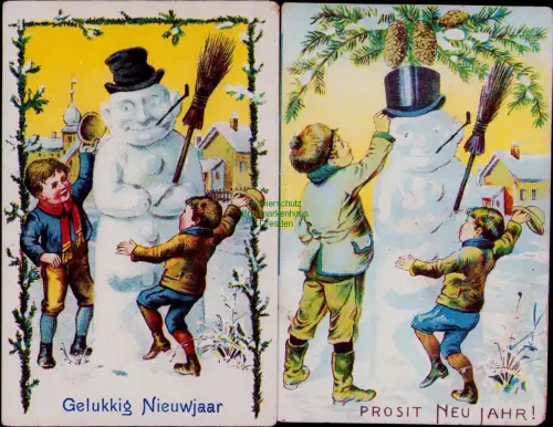 168854 2 AK Gelukkig Nieuwjaar PROSIT NEU JAHR! Berlin 1909 Kinder Schneemann