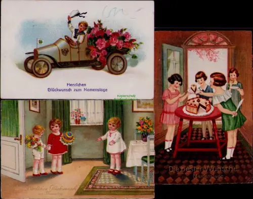 168858 3 AK Herzlichen Glückwunsch zum Namenstage Kinder Torte 1930 Wien
